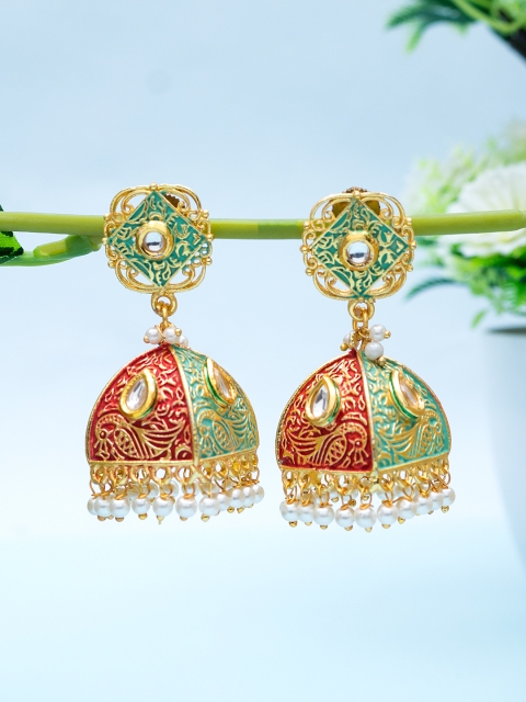 

Golden Peacock Green & Gold-Plated Dome Shaped Jhumkas