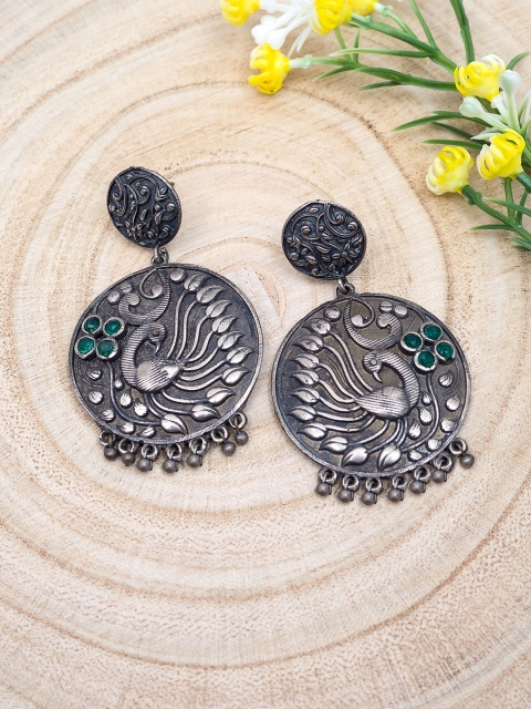 

Golden Peacock Silver-Plated & Green Circular Drop Earrings