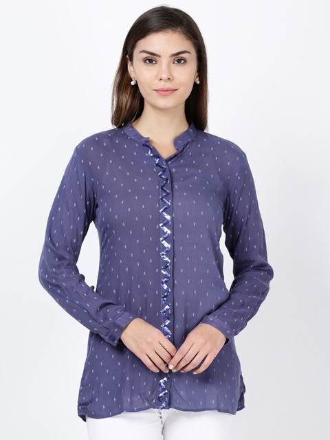 

Soch Women Blue Regular Fit Printed Embellished Casual Shirt