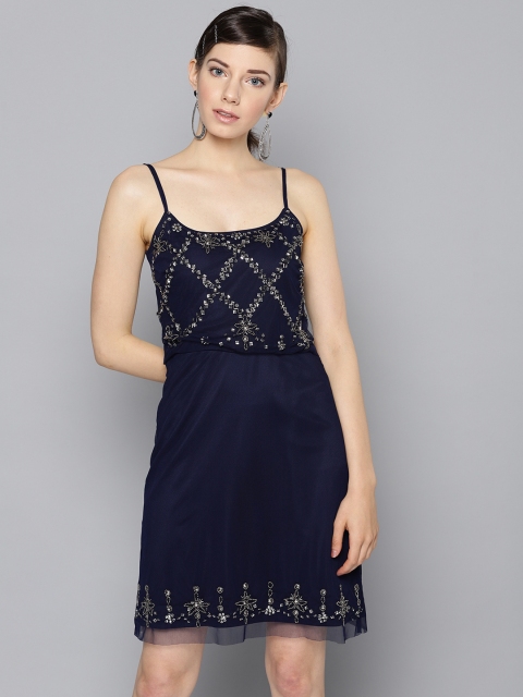

STREET 9 Women Navy Blue Net Embellished A-Line Dress