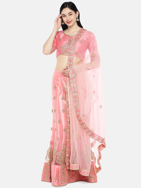

Mitera Pink & Gold-Toned Embroidered Semi-Stitched Lehenga & Unstitched Blouse with Dupatta