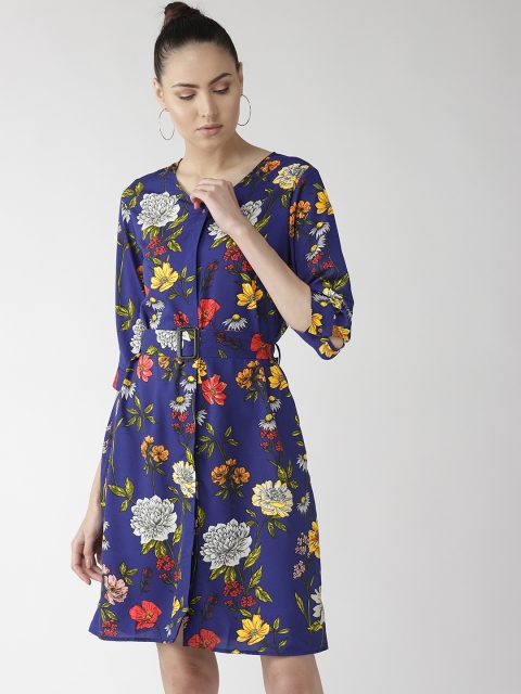 

plusS Women Blue & Yellow Floral Print A-Line Dress