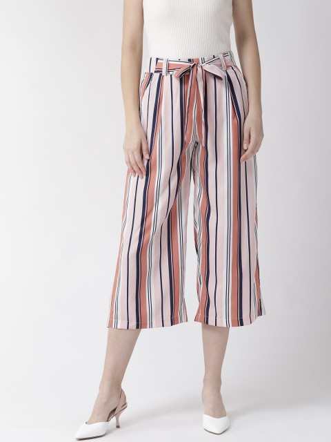 

Antheaa Women White & Peach-Coloured Regular Fit Striped Culottes