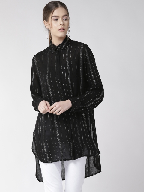 

Antheaa Women Black & Silver Regular Fit Striped Longline Casual Shirt