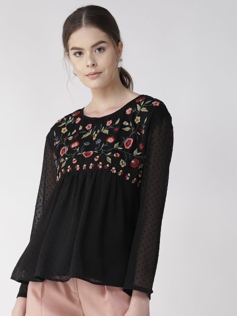 

Antheaa Women Black Embroidered A-Line Top