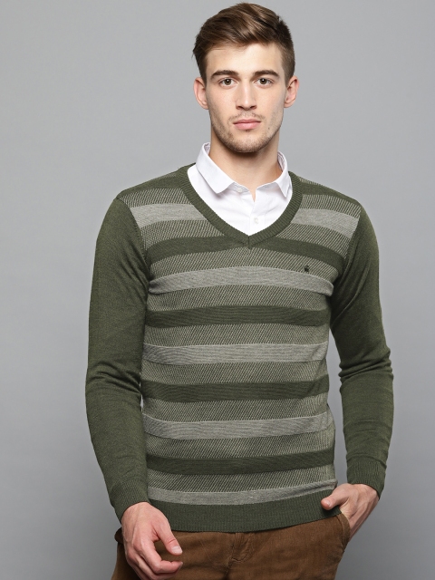 

Louis Philippe Men Olive Green & Grey Striped Sweater