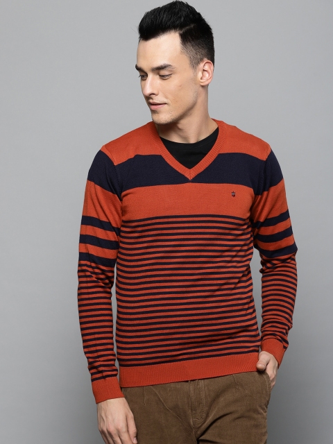 

Louis Philippe Sport Men Rust Orange & Navy Blue Striped Sweater