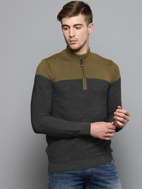 

Louis Philippe Sport Men Charcoal Grey & Olive Green Colourblocked Sweater
