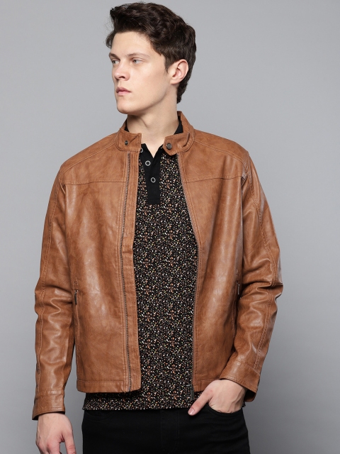 

Louis Philippe Men Tan Brown Solid Biker Jacket