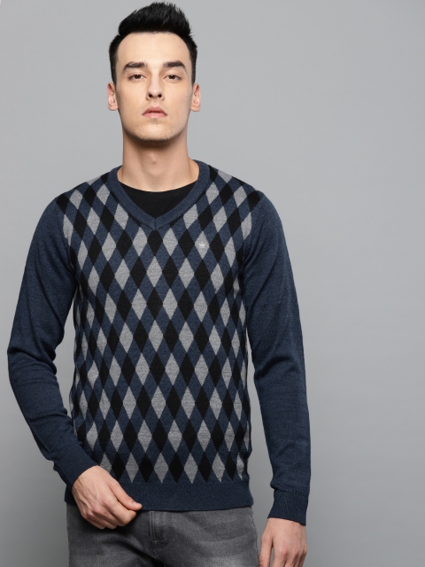 

Louis Philippe Men Navy Blue & Grey Self Design Sweater