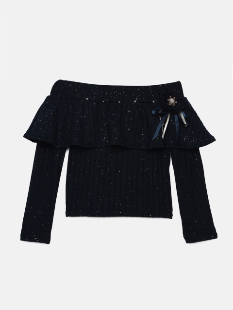 

VITAMINS Girls Navy Blue Embellished Bardot Top