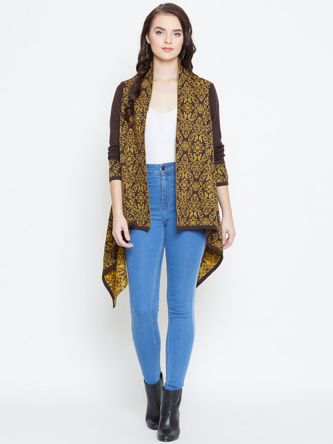 

American Eye Women Coffee Brown & Mustard Yellow Self Design Open Front Winter Shrug