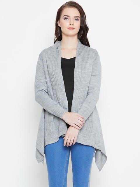 

American Eye Women Grey Melange Self-Striped Open Front Winter Shrug
