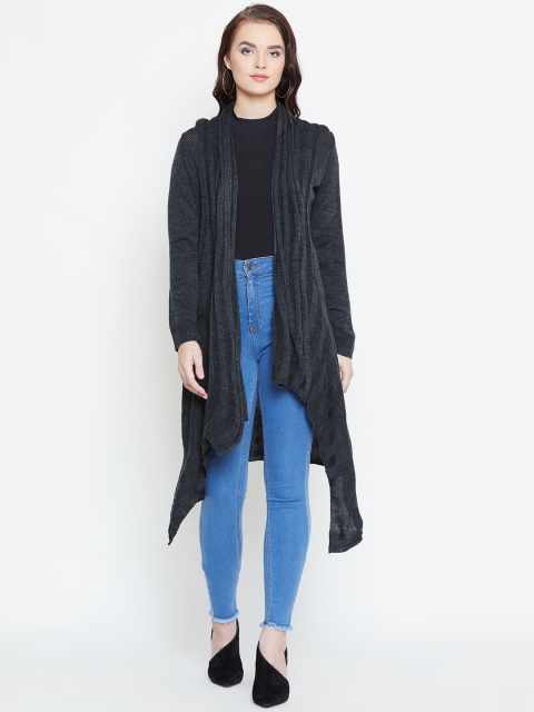 

American Eye Women Charcoal Grey Self Design Waterfall Longline Shrug