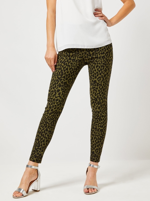 

DOROTHY PERKINS Women Olive Green & Black Animal Print Trousers