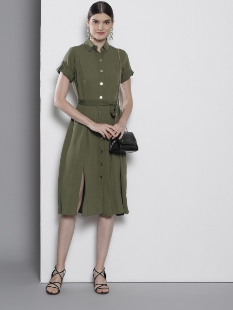 

DOROTHY PERKINS Women Olive Green Solid Shirt Dress