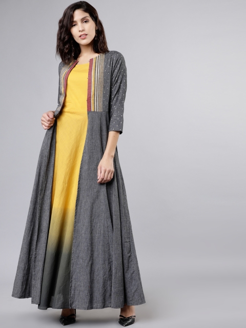 

Vishudh Women Mustard Yellow & Black Colourblocked Layered Anarkali Kurta