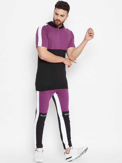 

FUGAZEE Men Purple & Black Colourblocked Slim Fit Tracksuit