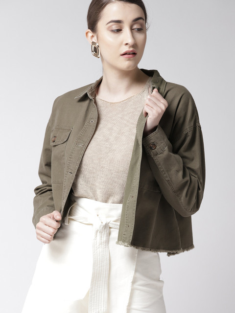 

FOREVER 21 Women Olive Green Regular Fit Crop Shacket