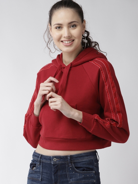 

FOREVER 21 Women Maroon Solid Hooded Crop Sweatshirt