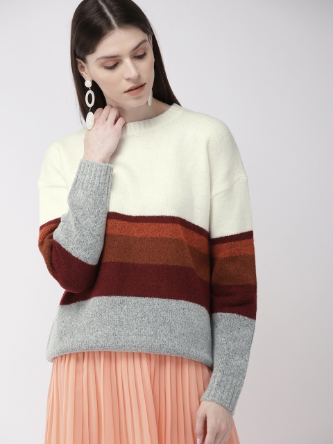 

FOREVER 21 Women Cream-Coloured & Maroon Striped Pullover Sweater
