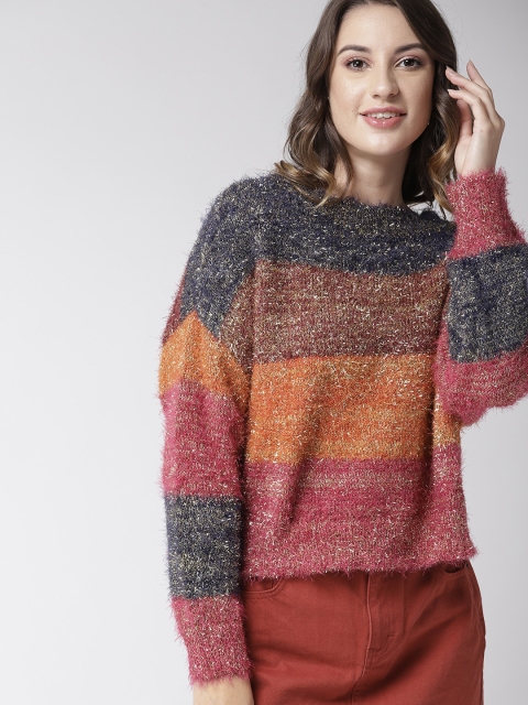 

FOREVER 21 Women Orange & Brown Self Striped Sweater