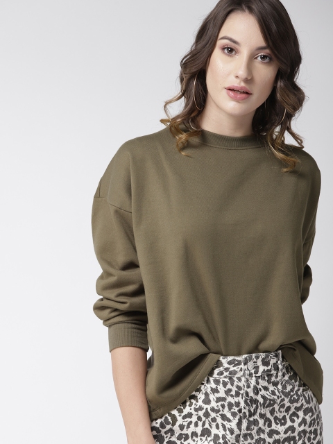 

FOREVER 21 Women Olive Green Solid Sweatshirt
