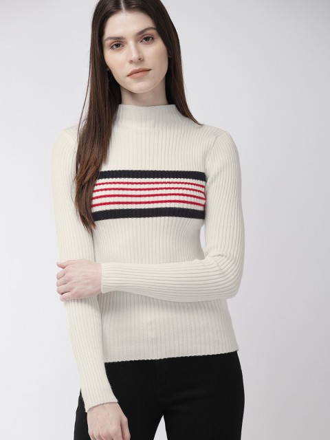

FOREVER 21 Women Cream-Coloured & Red Self Striped Pullover Sweater
