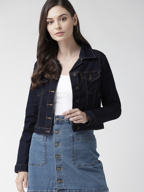 

FOREVER 21 Women Navy Blue Solid Denim Jacket