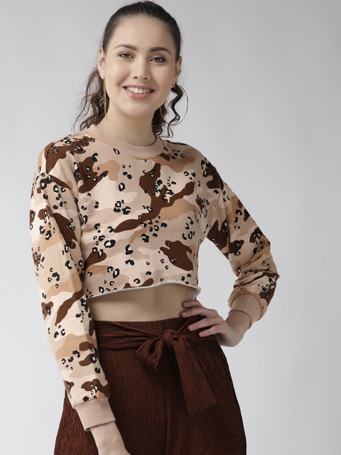 

FOREVER 21 Women Beige & Brown Printed Crop Sweatshirt