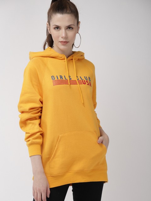 

FOREVER 21 Women Mustard Yellow Printed Hooded Longline Pullover Sweatshirt