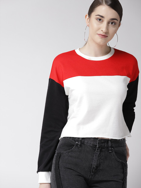 

FOREVER 21 Women White & Red Colourblocked Cropped Sweatshirt