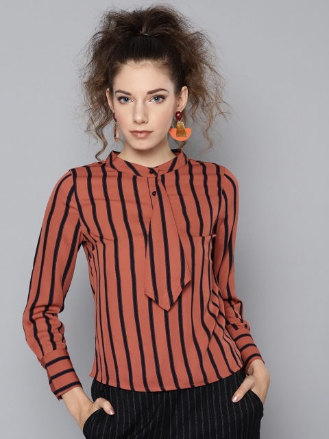 

STREET 9 Women Rust Red & Black Striped Shirt Style Top