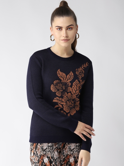 

Madame Women Navy Blue & Rust Brown Self Design Sweater