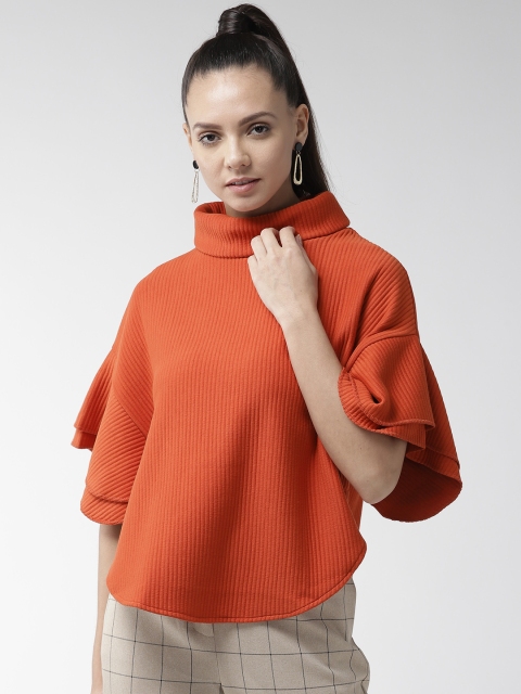 

Madame Women Orange Self-Striped Boxy Winter Top