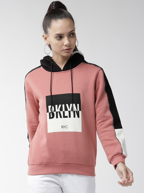 

Madame Women Pink & Black Printed Hooded Sweatshirt