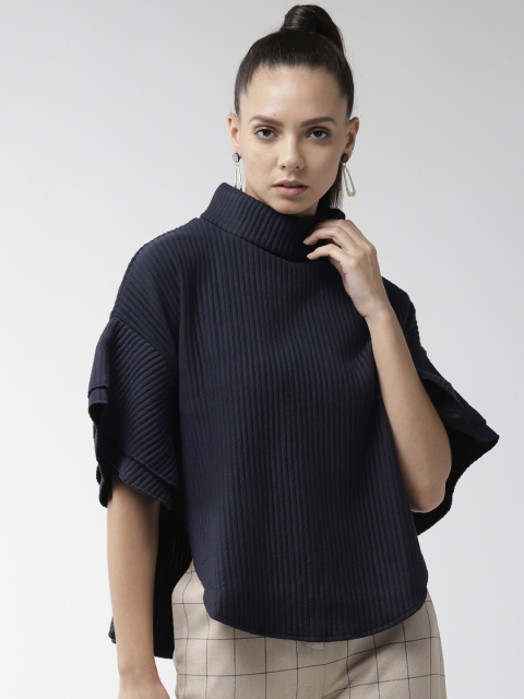 

Madame Women Navy Blue Self-Striped Boxy Winter Top