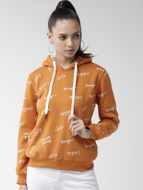 

Madame Women Mustard Yellow & Off white Printed Hooded Sweatshirt