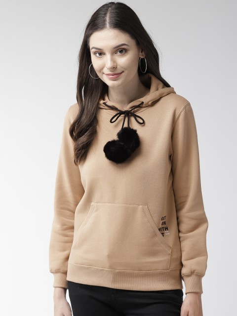 

Madame Women Beige Solid Hooded Sweatshirt