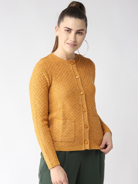 

Madame Women Mustard Yellow Self Design Cardigan