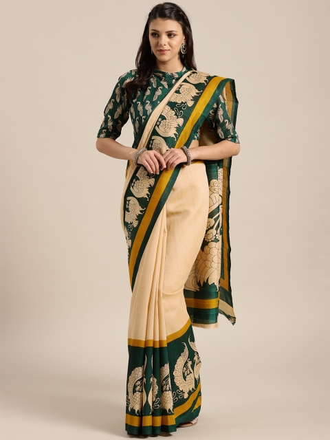 

Saree mall Beige & Green Printed Bhagalpuri Saree