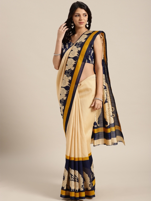 

Saree mall Beige & Navy Blue Solid Bhagalpuri Saree
