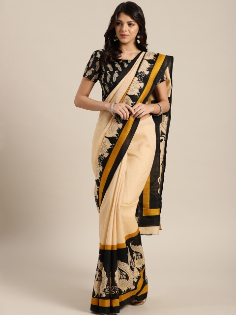 

Saree mall Beige & Black Solid Bhagalpuri Saree