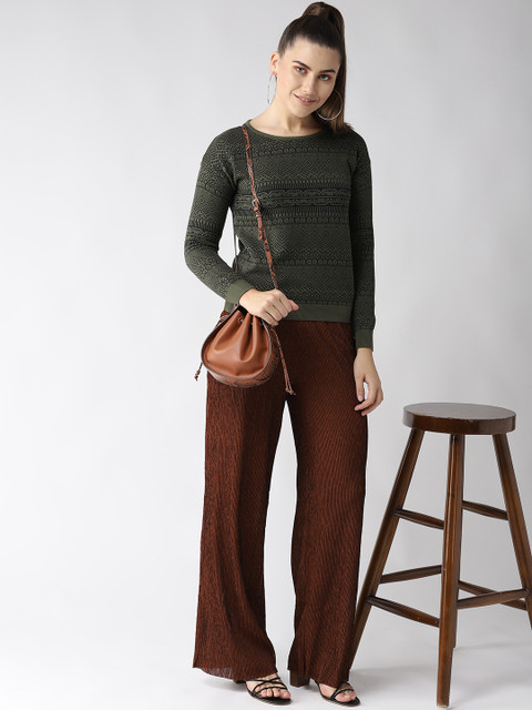 

Madame Women Olive Green & Black Self Design Sweater
