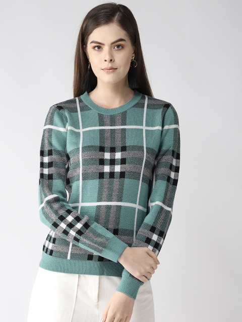 

Madame Women Teal Green & Grey Checked Pullover