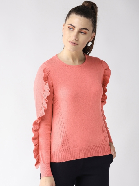 

Madame Women Peach-Coloured Solid Pullover with Ruffled Detail