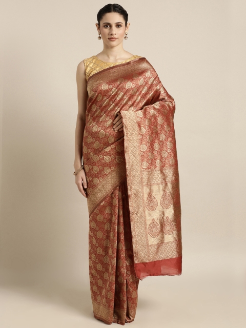 Mitera Red & Gold-Toned Art Silk Woven Design Kanjeevaram Saree