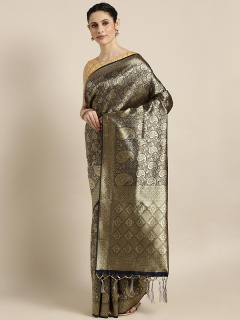 

Mitera Navy Blue & Gold-Toned Art Silk Woven Design Kanjeevaram Saree
