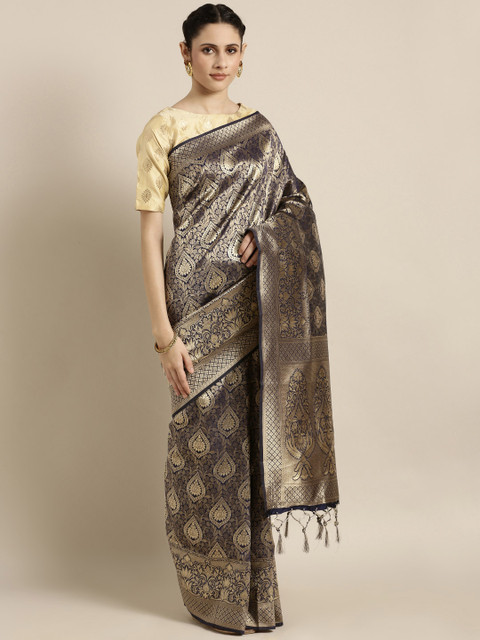 

Mitera Navy Blue & Gold-Coloured Art Silk Embellished Kanjeevaram Saree