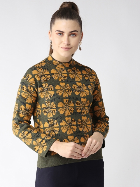 

Madame Women Olive Green & Mustard Yellow Self Design Sweater